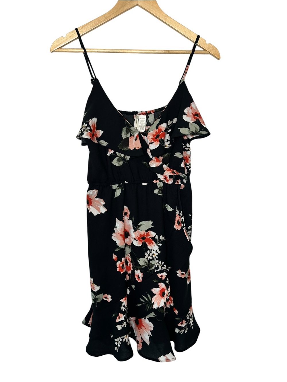Japna size xsmall floral Ruffle Spaghetti Strap Dress - Black with Coral pink